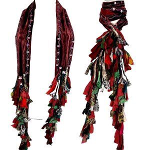 Chan Luu 2 Way Choker Shreds Scarf Boho Long Velvet Reds Greens Fringe Velvet